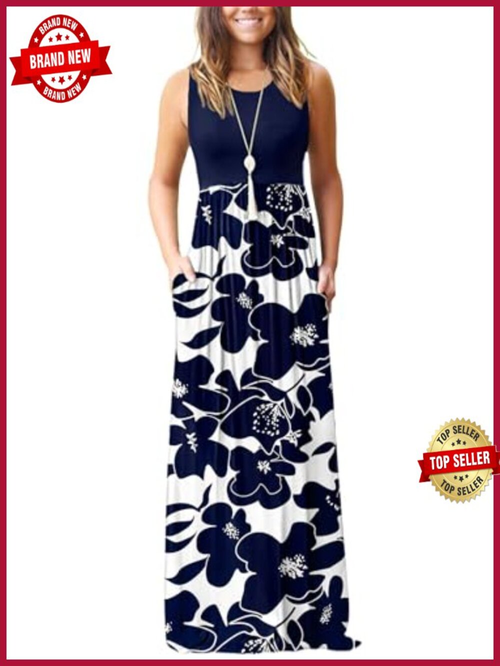 Sleeveless Maxi Dress with Pockets Damask Print Casual